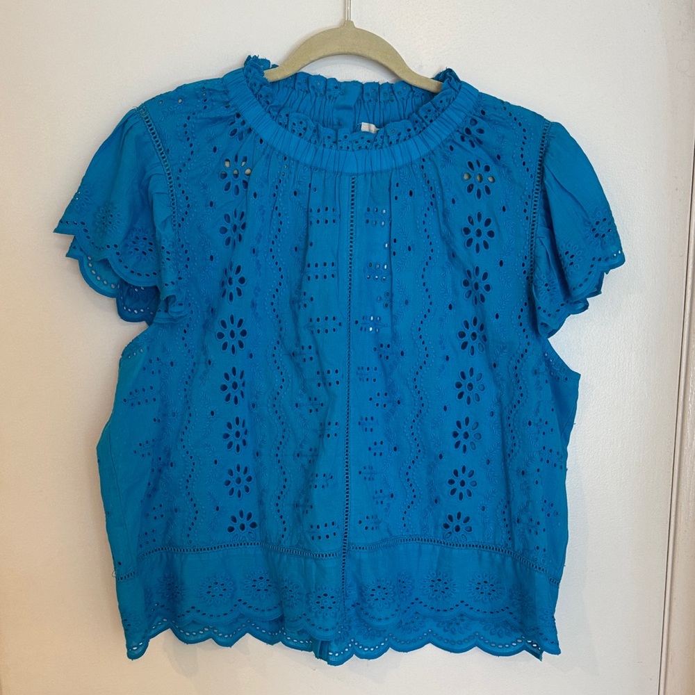 Eyelet Flutter Sleeve Top in Bright Teal